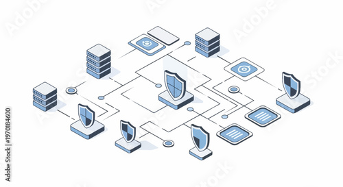 Isometric Cybersecurity Network Infrastructure Illustration with Servers and Security Shields