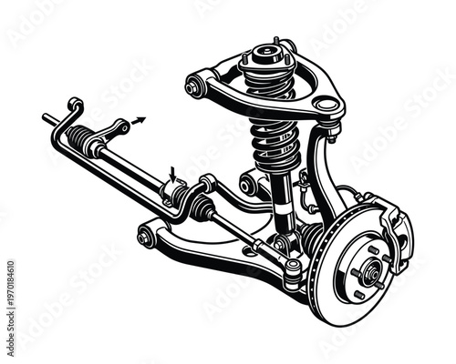 Detailed isometric drawing of a car front suspension and steering system with disk brake assembly