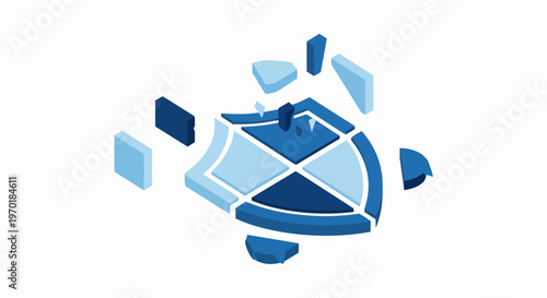 Broken Shield Isometric 3D Icon Representing Cyber Security Breach and Data Vulnerability - Blue Defense Symbol Shattered on White Background