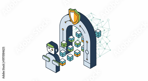 Isometric Data Security Gateway and Blockchain Protection Illustration. Concept of Secure Network Traffic, Cyber Security, and AI Data Management with Shield Icon.