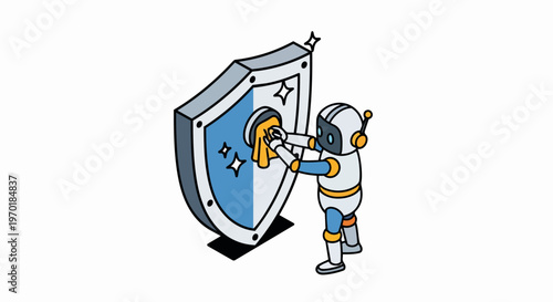 AI Robot Polishing Shield for Cybersecurity Concept - Isometric Illustration of Automated Digital Protection and Data Security