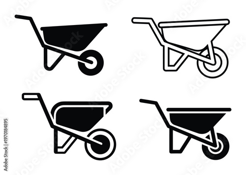 Empty wheelbarrow silhouettes for gardening and construction material transport in various design iterations