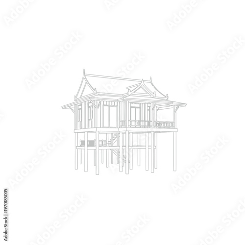 Traditional thai house building with stilts, white outline sketch on transparent background.