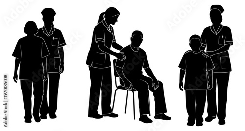 Medical Professionals Assisting Patients With Care and Support Silhouette Vector