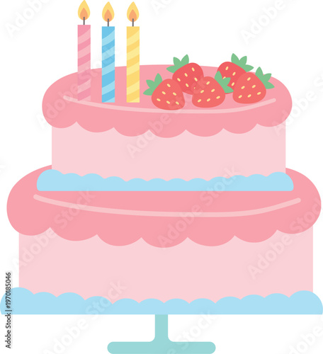 Adorable flat vector illustration of a birthday cake with candles and strawberries, ideal for kids design, party invitations, greeting cards, and celebration themes. Perfect for stickers, posters
