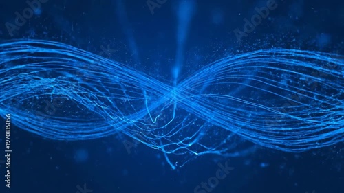 Glowing blue lines intersecting each other, surrounded by small particles, and a dark background