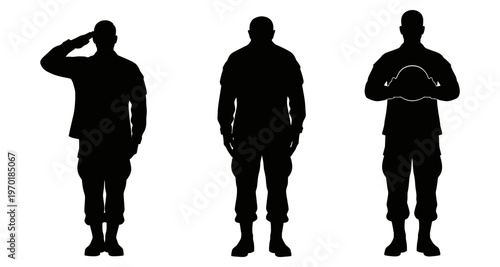 Military Personnel Silhouettes Saluting Standing Holding Helmet Isolated White Background