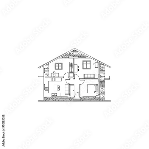 Architectural cutaway floor plan of a modern house showing interior rooms and layout.