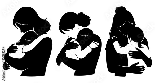 Mother Embracing Daughter Silhouettes Tender Connection Tender Moment Minimalist Vector Art