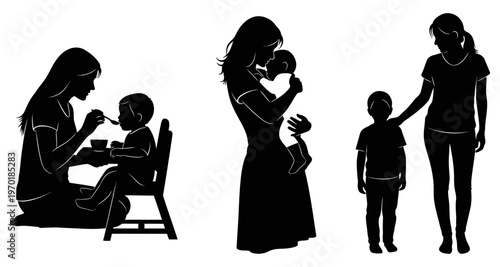Mother Feeding Baby Holding Infant Standing With Child Silhouette Vector Graphics