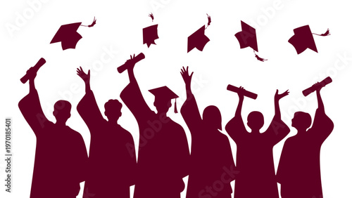 Graduation silhouette group tossing caps and holding diplomas, Cheerful students celebrating university graduation ceremony, Minimalist academic achievement and college graduation concept, Group of 