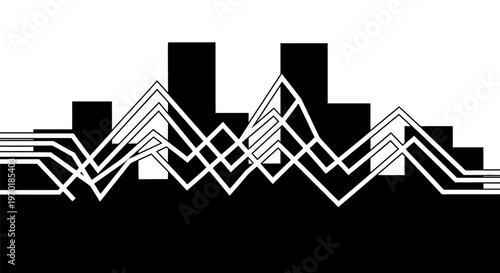 Geometric cityscape with abstract mountain range.