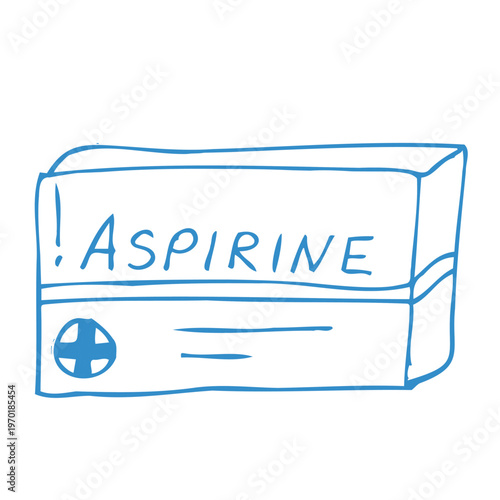 Hand drawn aspirin icon in doodle outline style. Simple linear vector illustration of pain relief medicine box isolated on white background.