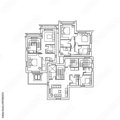 Detailed architectural floor plan showing modern apartment layout with furniture.