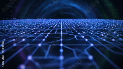 A detailed digital, futuristic network spanning across a dark, abstract background. The graphic shows a connection system