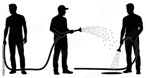 Silhouettes of Men Watering Ground with Hose Showing Water Spray and Drainage Clean Graphic Style