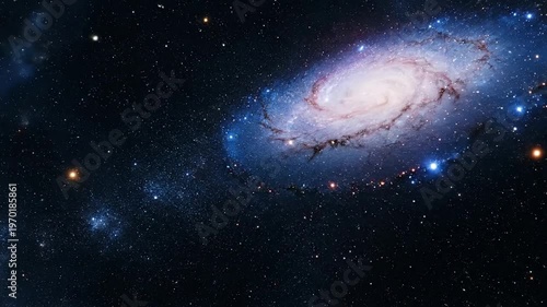 A galaxy of swirling blues, whites, and purples against a black starry expanse, with bright stars