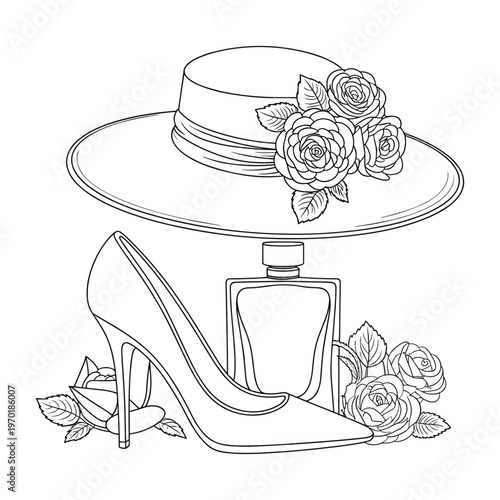 Elegant fashion collection featuring a widebrimmed hat stiletto heel shoe and perfume bottle surrounded by roses