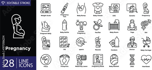 Pregnancy icons set. Includes symbols of maternity, fetus development, baby care, prenatal health, motherhood, and medical checkups. Editable stroke. Vector illustration. Outline icons.