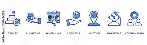 Event management banner web icon vector illustration concept with icon of target, budgeting, scheduling, logistics, location, marketing, and coordination