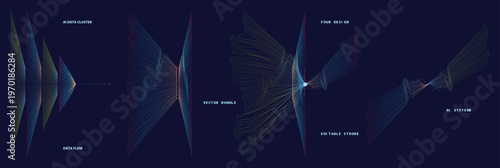 Modern data cluster infographics for artificial intelligence systems featuring editable stroke vector graphics