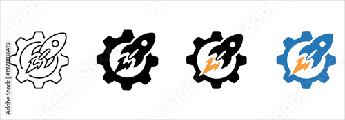 Rocket Launch and Technical Startup Icon Set with Gear for Business Growth and Innovation Vector Illustration.