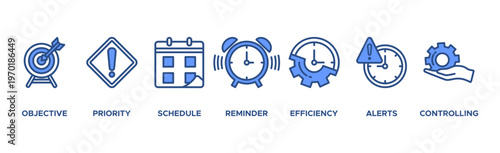 Time management banner web icon vector illustration concept with icon of objective, priority, schedule, reminder, efficiency, alerts, and controlling