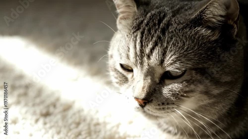 Close-up of a gray cat's face with golden eyes, lit with soft sunlight, textures