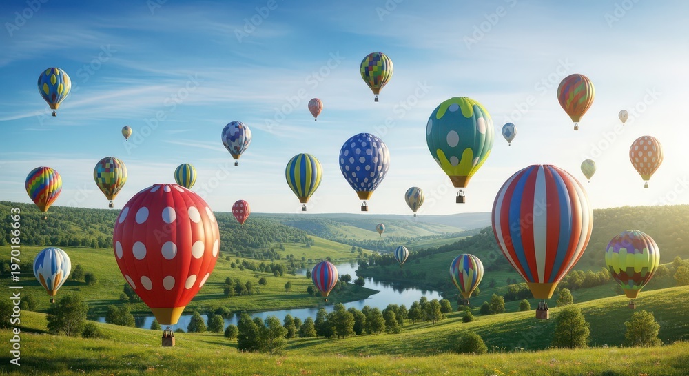 Fototapeta premium Numerous colorful hot air balloons float over a lush green valley during a sunny day.