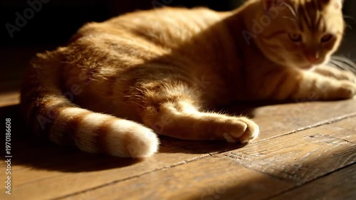 Focus on the tail of a ginger cat resting on wooden surface. Sun light illuminates the feline's fur, casting a dark shadow