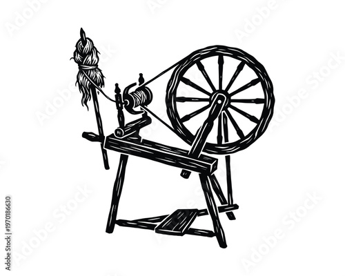 Old fashioned spinning wheel with wool for textile production on transparent background