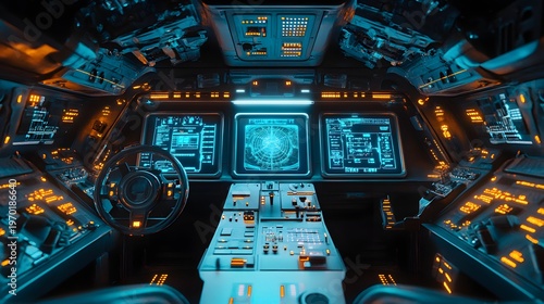 3D rendering of a spaceship interior with control pan