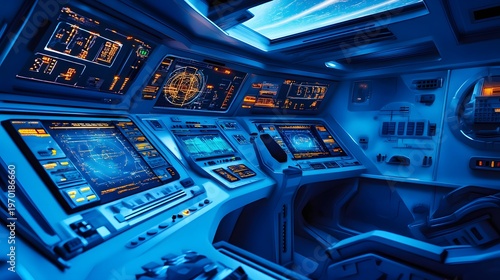 3D rendering of a spaceship interior with control pan