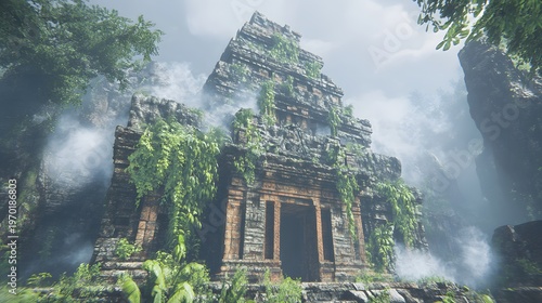 an ancient temple in a jungle overgrown