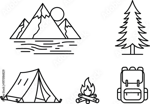 Minimalist camping scene a line art illustration of outdoor adventure and natural elements