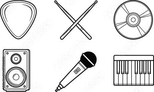 Musical instruments and equipment sketch collection a black and white illustration