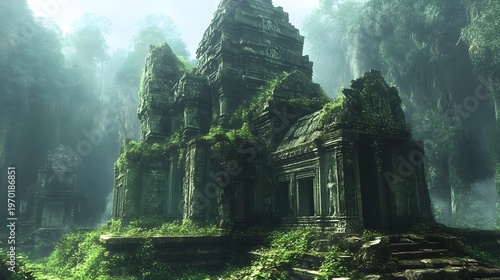 an ancient temple in a jungle overgrown