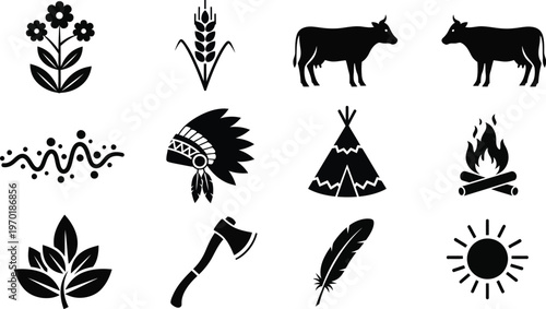American west icon set native american and wildlife silhouettes