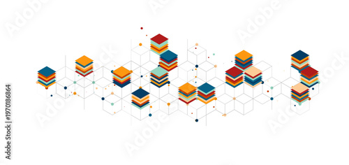 Technology background. Big data visualization concept. Information artificial neural network. Abstract geometric background with isometric. Digital cube isometric on blue background.