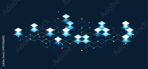 Technology background. Big data visualization concept. Information artificial neural network. Abstract geometric background with isometric. Digital cube isometric on blue background.