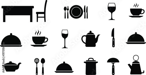 Black silhouette icons of dining tableware and serving dishes for restaurant or catering