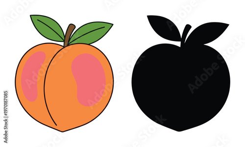Peach fruit isolated. sweet food drawing. healthy eating. summer fruit. vector illustration black silhouette