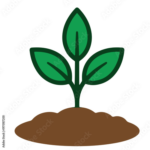 Simple illustration of young green plant with three leaves growing from brown soil symbolizing nature and sustainability