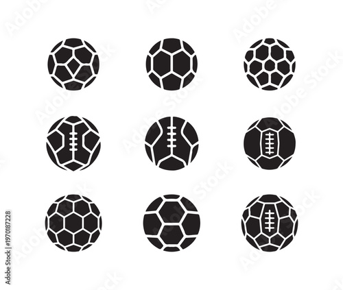 Nine various icons displaying different styles of soccer and rugby or american football illustrations