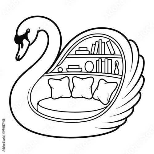 Whimsical Swan shaped bookshelf and seating area design concept with books and pillows
