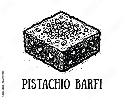 Pistachio barfi indian sweet treat with nuts, woodcut style illustration on a transparent background