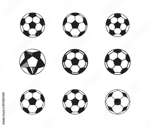 Nine diverse soccer ball vector icons with outlined and filled panels and unique stylized shapes