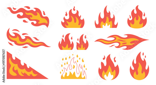 Fire flames dynamic collection with burning effects energy heat motion detailed vector illustration design