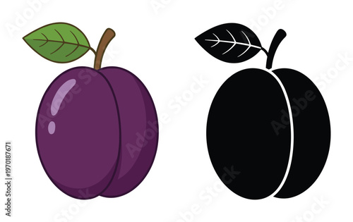 Purple plum fruit with green leaves beside black plum silhouette vector illustration on checkered background