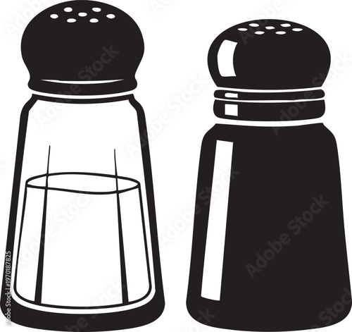 Salt and pepper shakers, condiment icons, kitchen utensils, black silhouette set